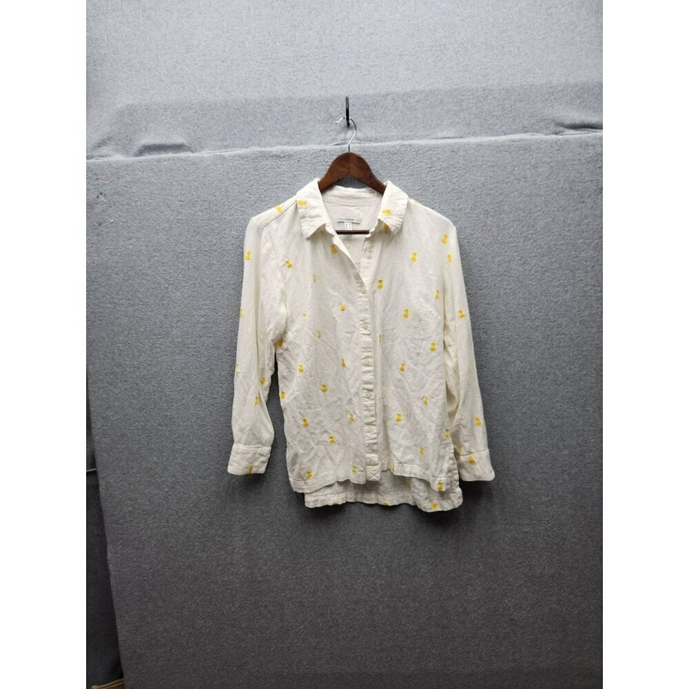 Isaac Mizrahi Live! Pineapple Embroider Linen-Blend Button-Up Shirt M